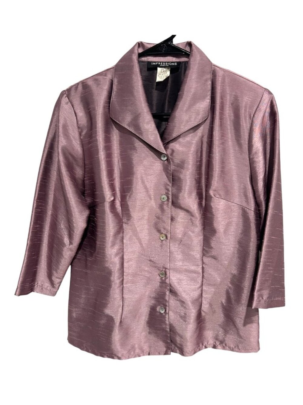 Impressions Small Mauve Satin Feel 3/4 Sleeve Button Up Blouse Retro Minimalist